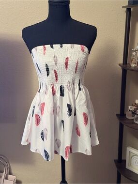Strapless White Smocked Feather-Print Crop Top/Dress